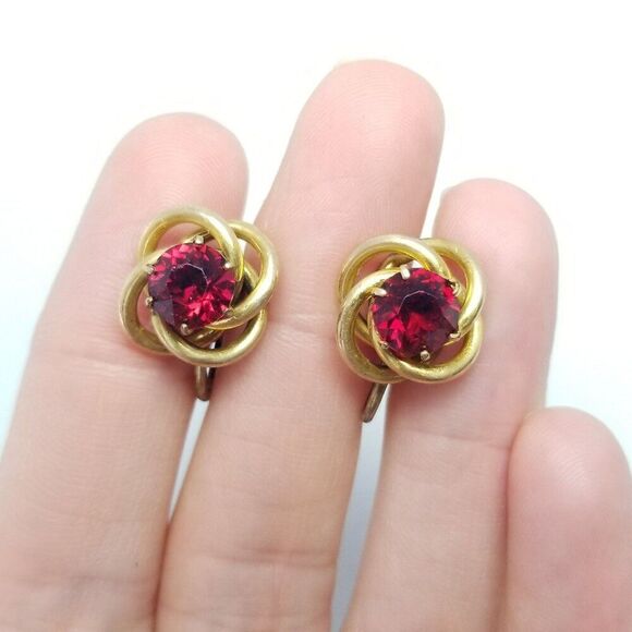 Vintage Sterling Silver Red Rhinestone Knot Design Clip On Earrings, Signed B+N - Picture 8 of 8